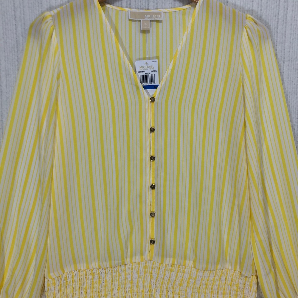 Michael Michael Kors Yellow White Striped‎ Smocked Blouse XL Daffodil QU2408B7FX